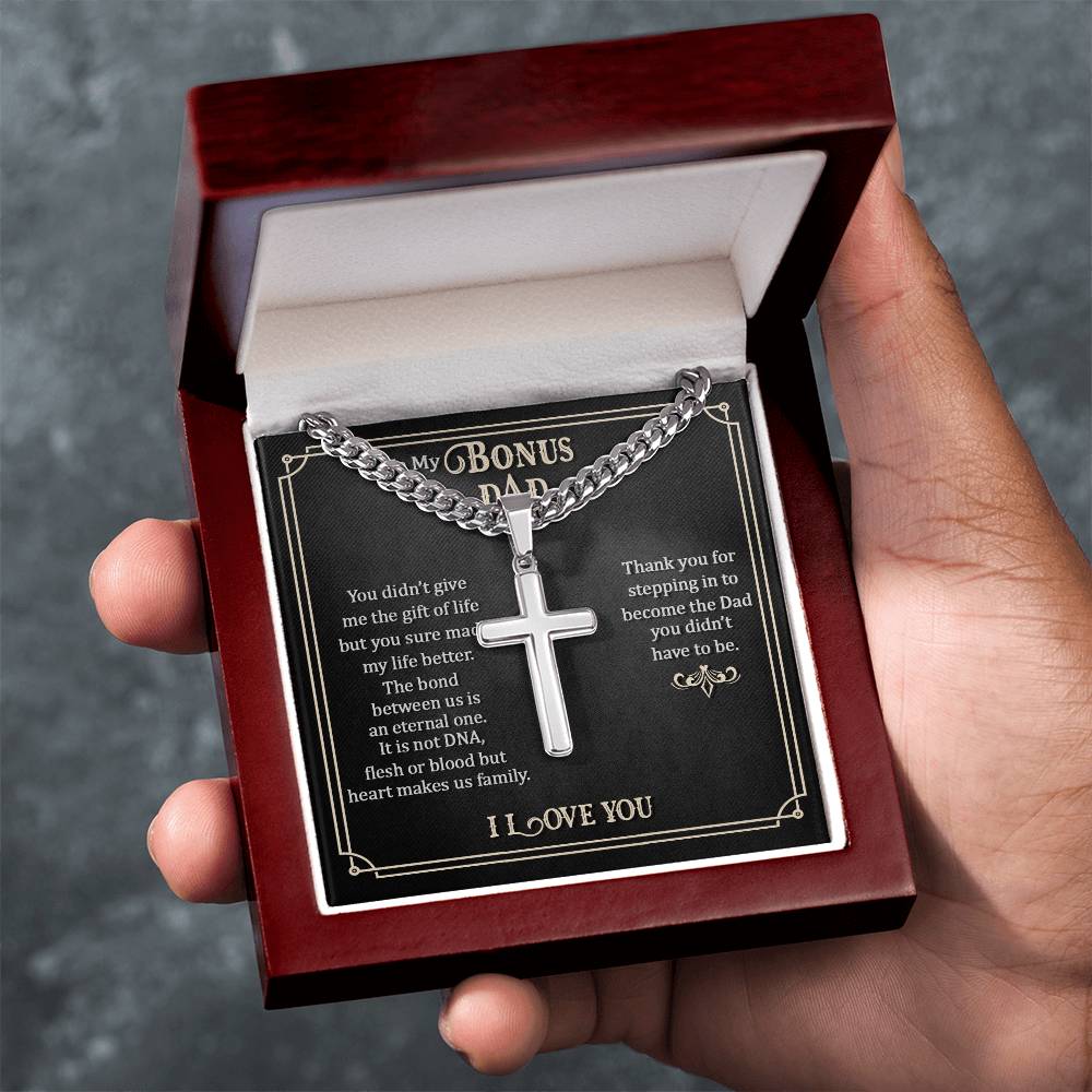 To my Bonus Dad Gift, Men Cuban Chain Cross Necklace