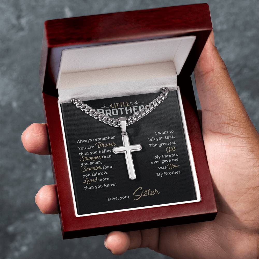 Little Brother Gift, Love Your Lord with all Your Strength, Cuban Chain Cross Necklace
