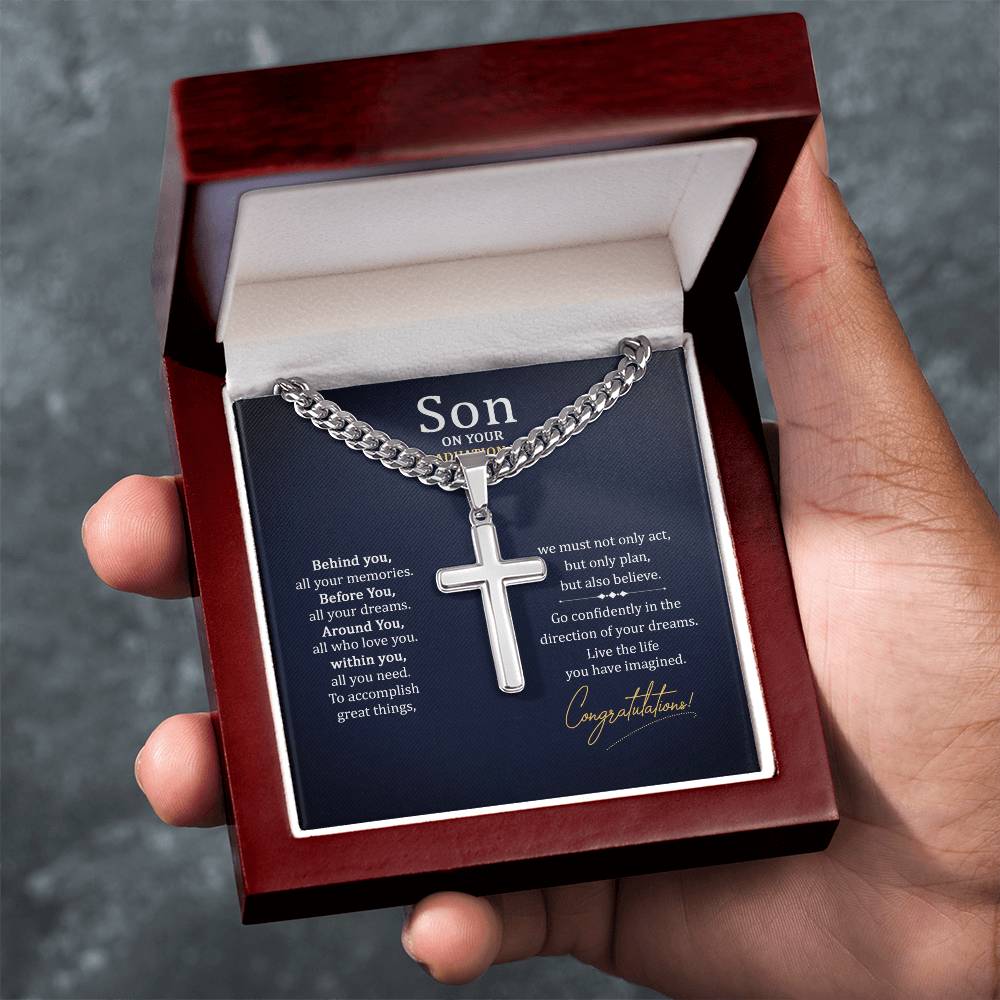 To My Son Gift on Your Graduation Day, Cuban Chain Cross Necklace