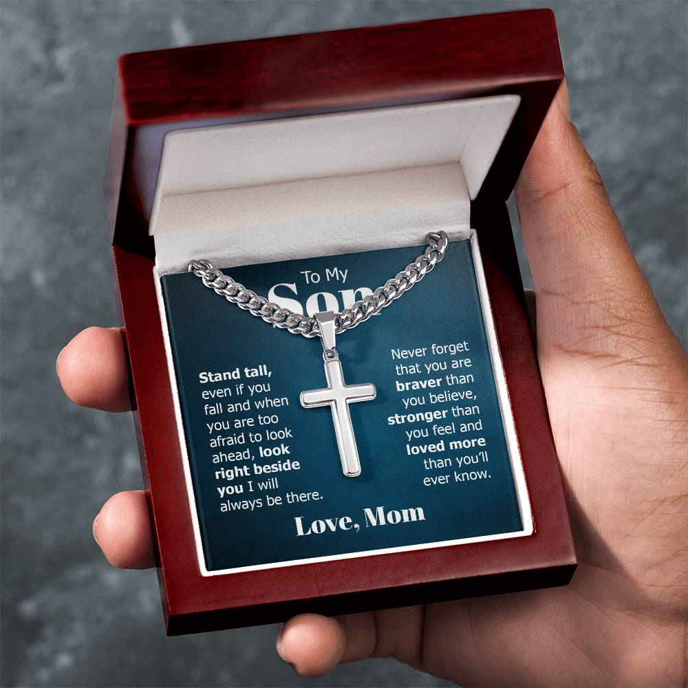 To My Son Gift, Stand Tall Even if You Fall, Cuban Chain Cross Necklace