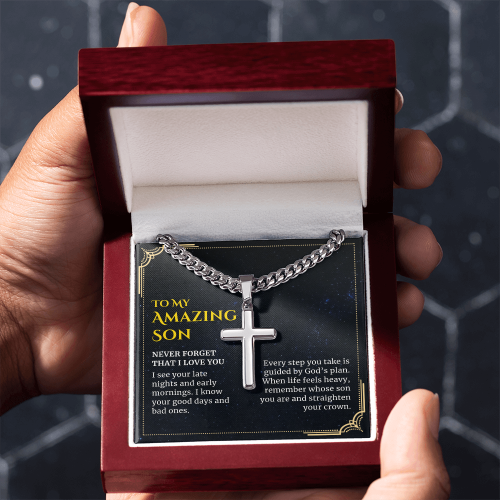 To my Amazing Son, Guided by God's Plan, Cross Pendant with Cuban Link Chain Necklace