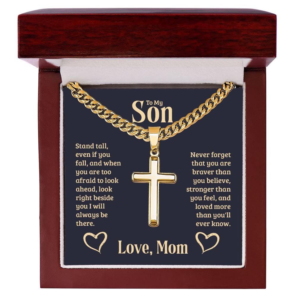 To My Son Gift, Stand Tall, Cuban Chain Cross Necklace