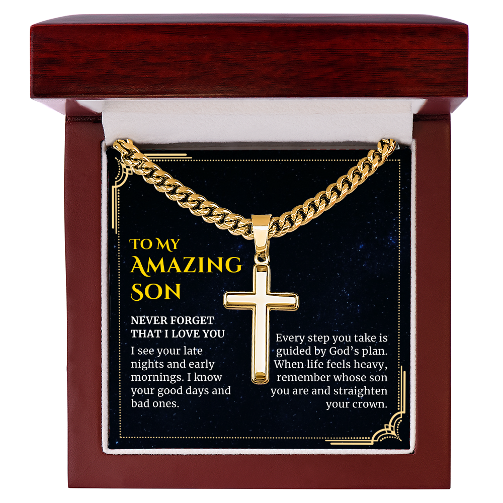 To my Amazing Son, Guided by God's Plan, Cross Pendant with Cuban Link Chain Necklace