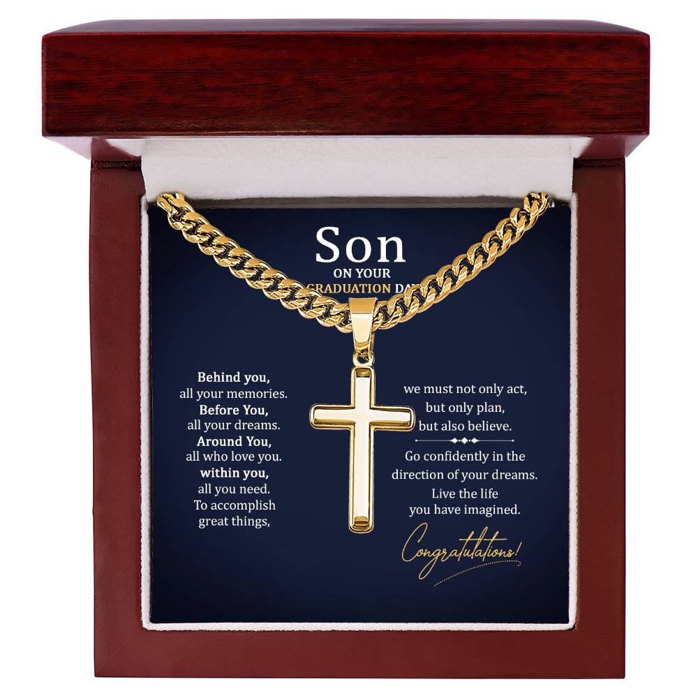 To My Son Gift on Your Graduation Day, Cuban Chain Cross Necklace