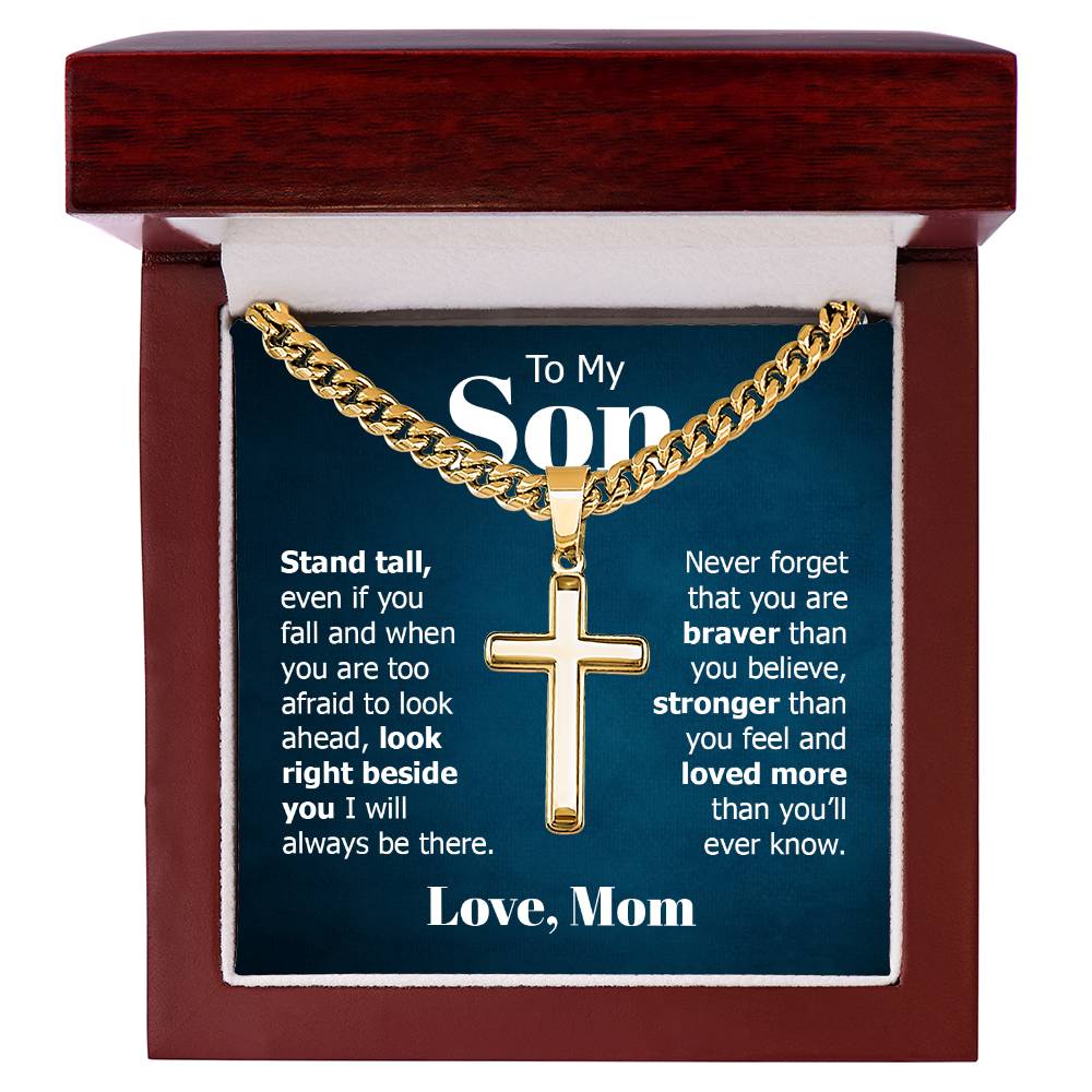 To My Son Gift, Stand Tall Even if You Fall, Cuban Chain Cross Necklace