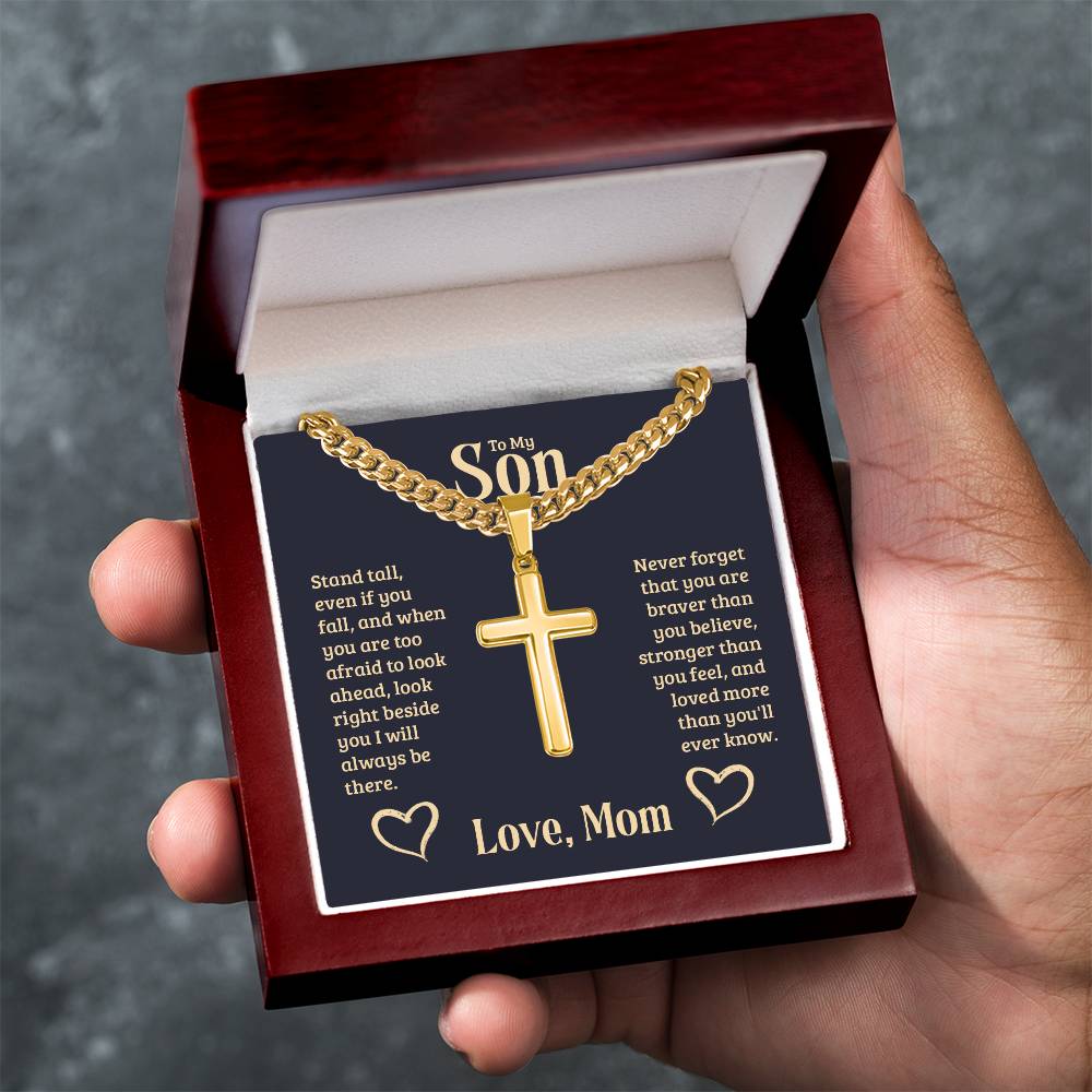 To My Son Gift, Stand Tall, Cuban Chain Cross Necklace