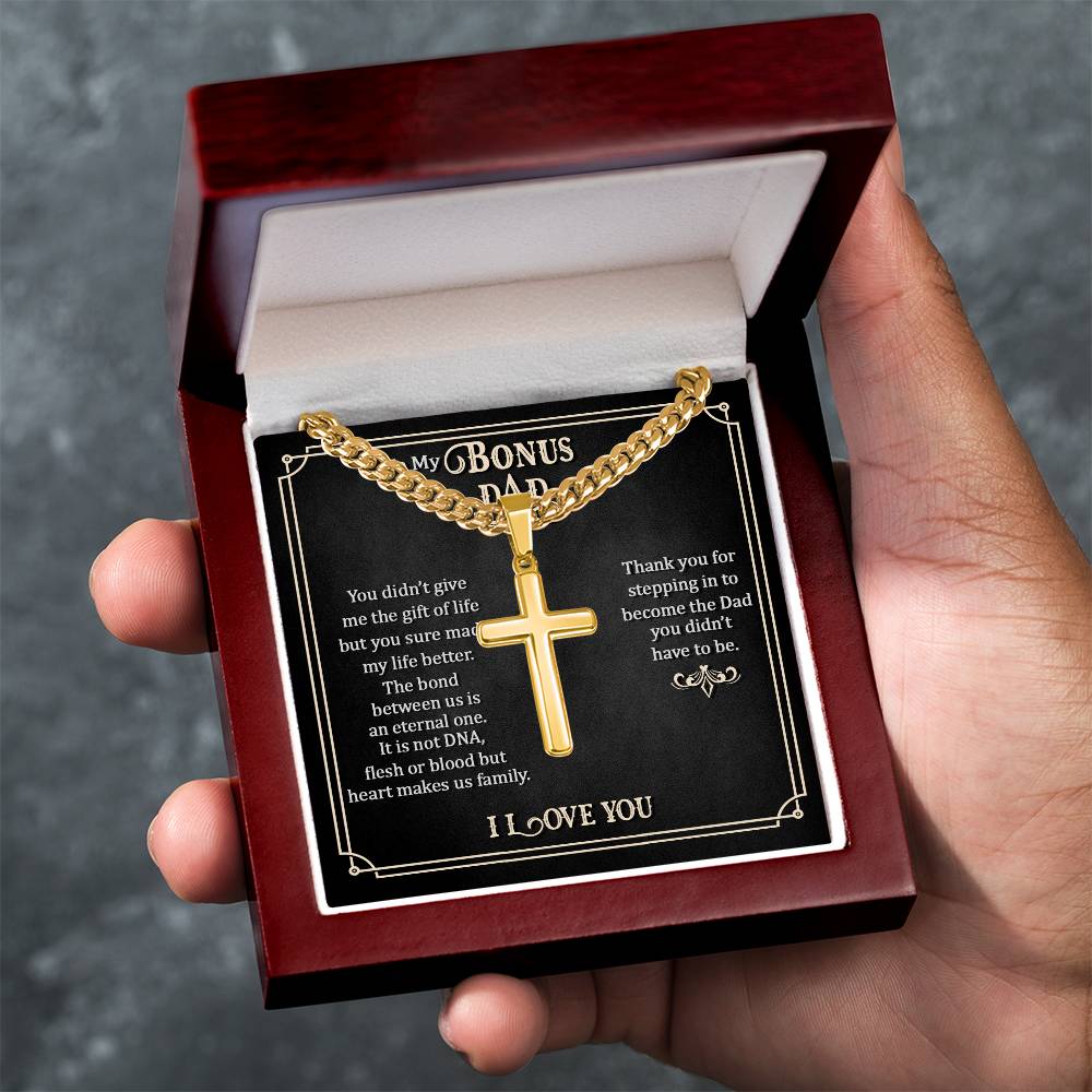 To my Bonus Dad Gift, Men Cuban Chain Cross Necklace