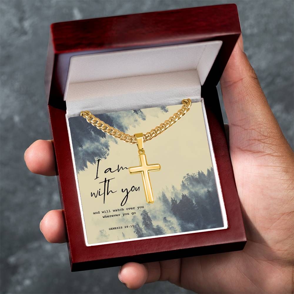 I Am With You, Genesis 28:15, Men Cuban Chain Cross Necklace