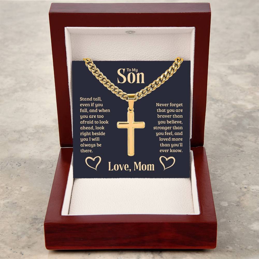 To My Son Gift, Stand Tall, Cuban Chain Cross Necklace