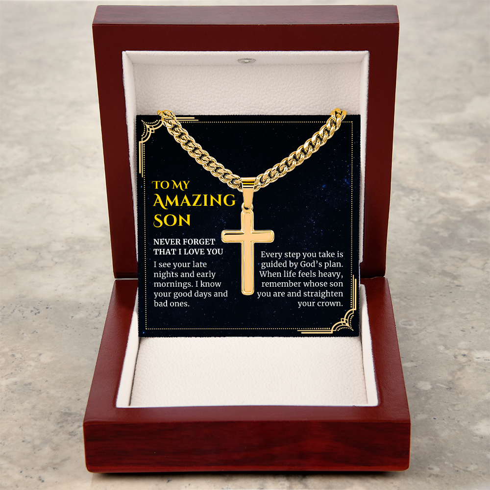 To my Amazing Son, Guided by God's Plan, Cross Pendant with Cuban Link Chain Necklace