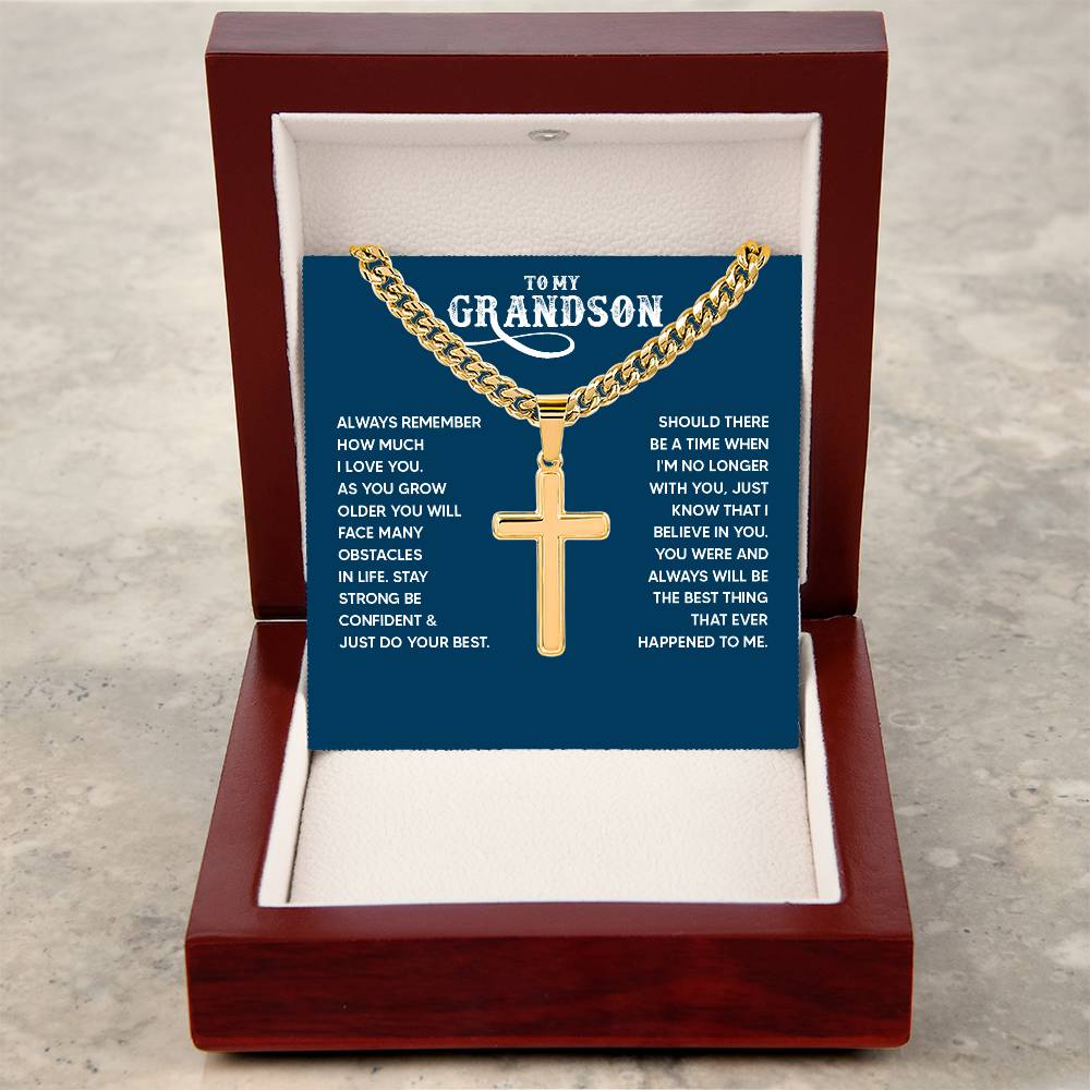 To My Grandson Gift, Always remember How Much I Love You, Cuban Chain Cross Necklace