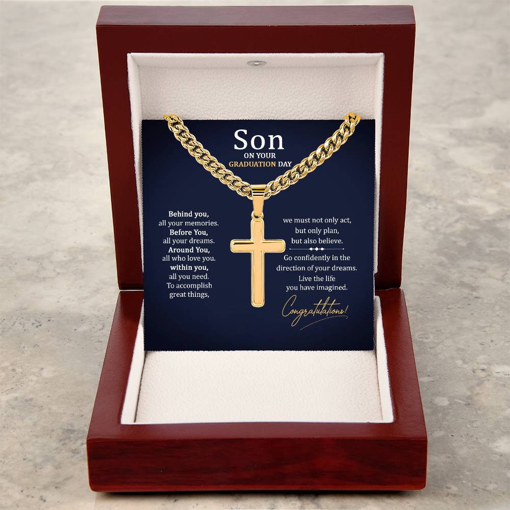 To My Son Gift on Your Graduation Day, Cuban Chain Cross Necklace
