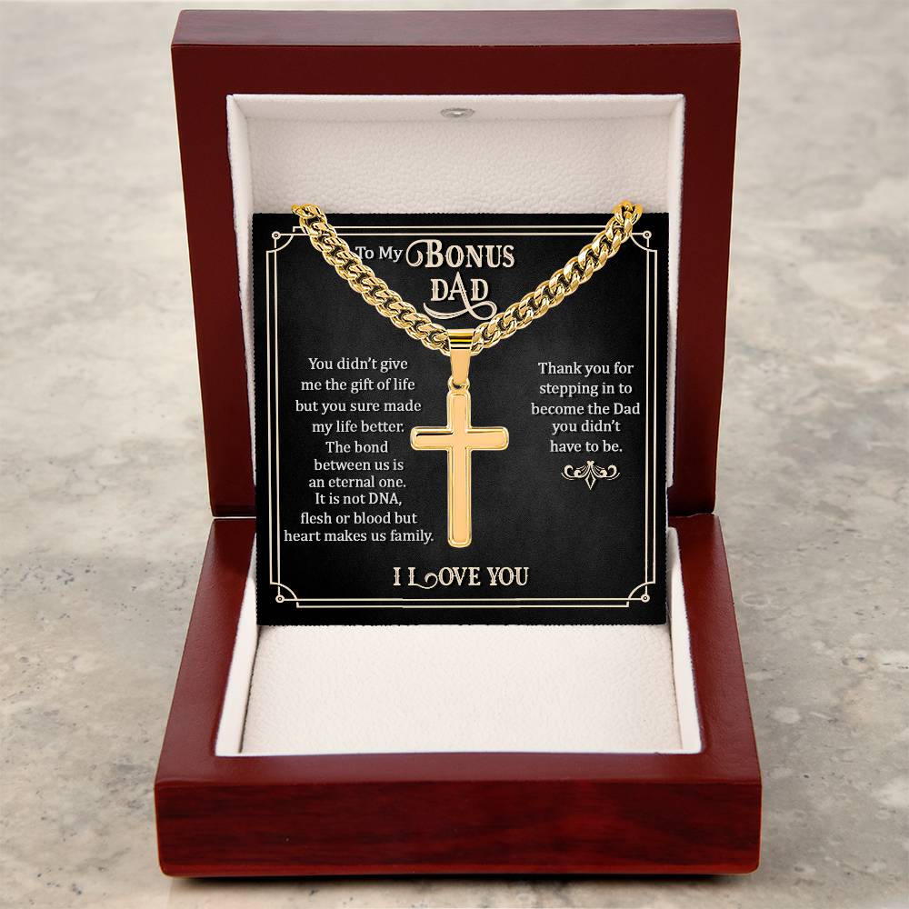 To my Bonus Dad Gift, Men Cuban Chain Cross Necklace