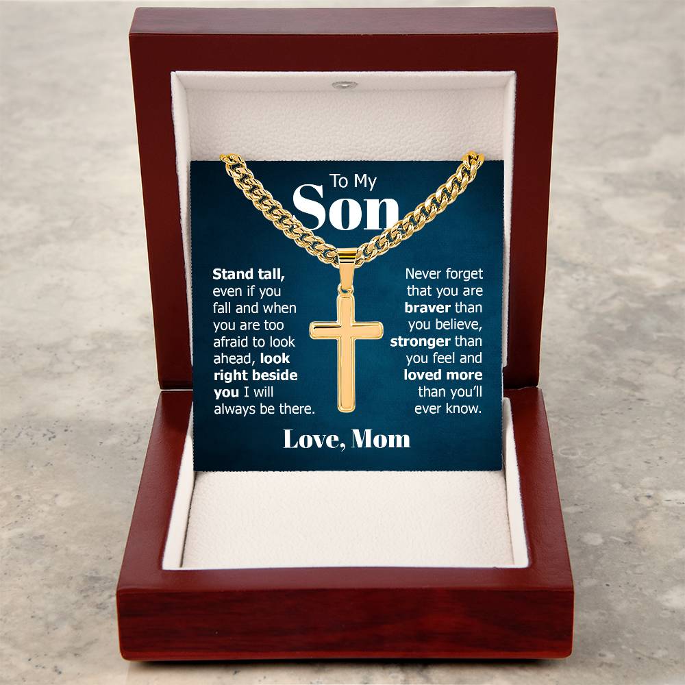 To My Son Gift, Stand Tall Even if You Fall, Cuban Chain Cross Necklace
