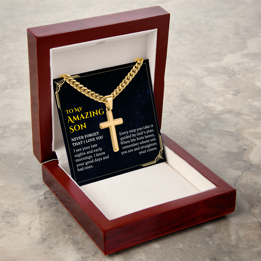 To my Amazing Son, Guided by God's Plan, Cross Pendant with Cuban Link Chain Necklace