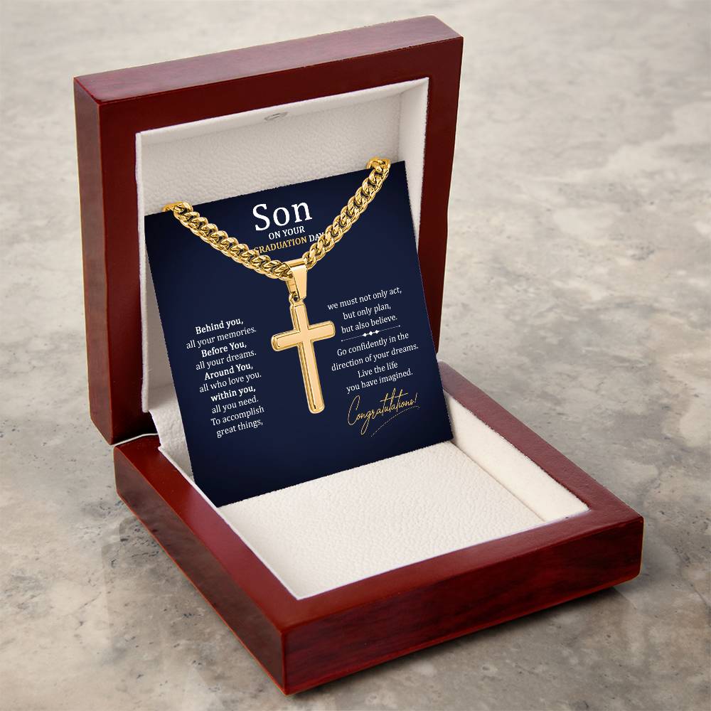 To My Son Gift on Your Graduation Day, Cuban Chain Cross Necklace