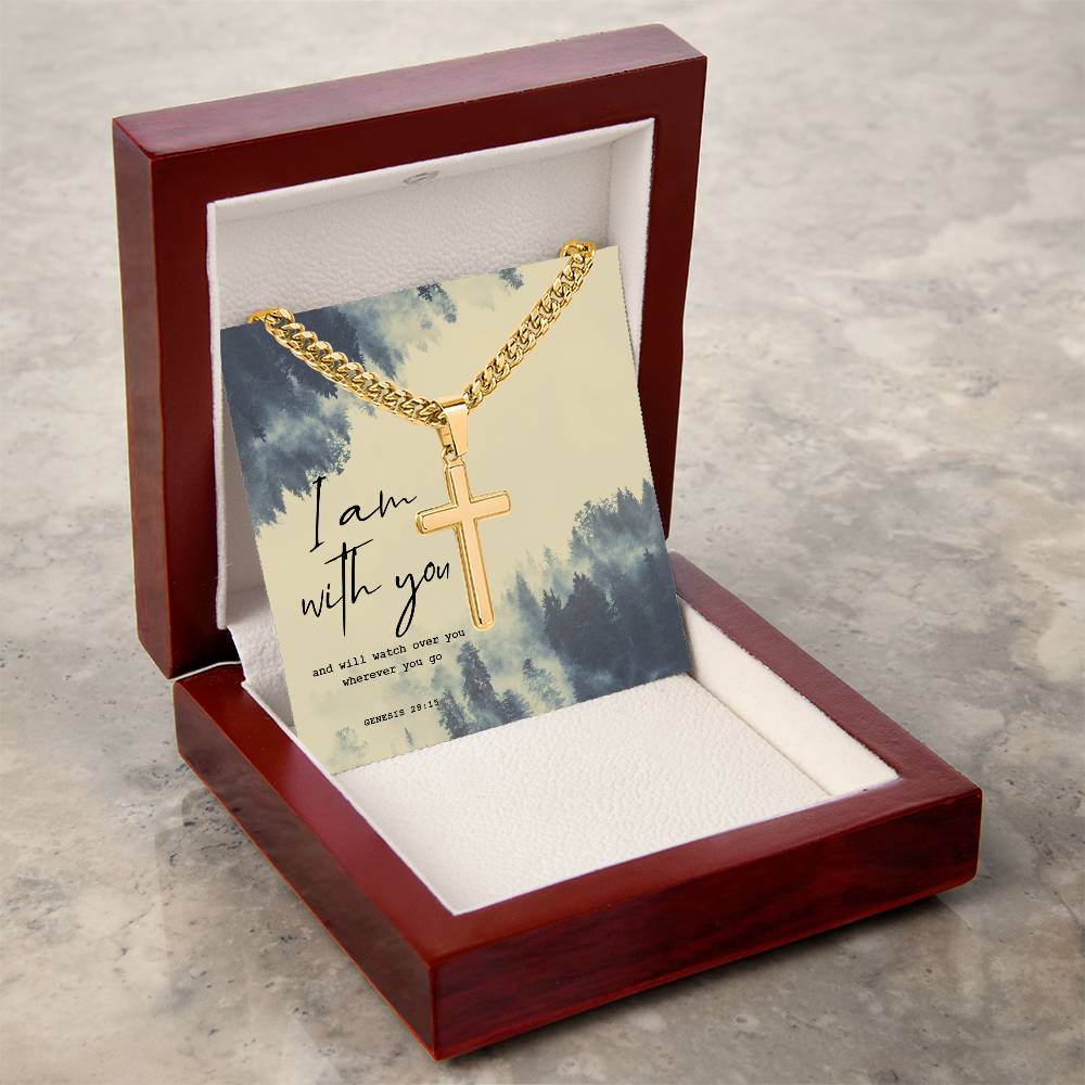 I Am With You, Genesis 28:15, Men Cuban Chain Cross Necklace