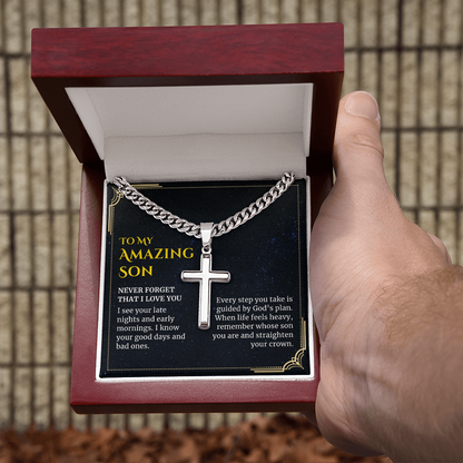 To my Amazing Son, Guided by God's Plan, Custom Engraved Cross Pendant with Cuban Link Chain Necklace