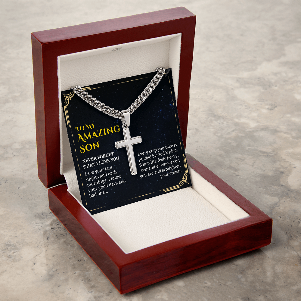 To my Amazing Son, Guided by God's Plan, Custom Engraved Cross Pendant with Cuban Link Chain Necklace