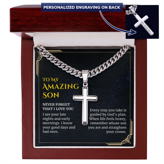 To my Amazing Son, Guided by God's Plan, Custom Engraved Cross Pendant with Cuban Link Chain Necklace