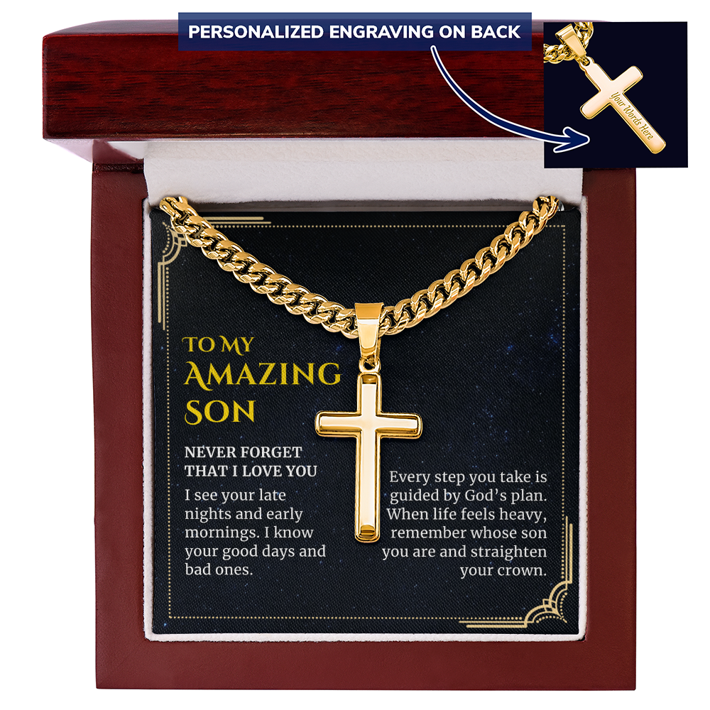 To my Amazing Son, Guided by God's Plan, Custom Engraved Cross Pendant with Cuban Link Chain Necklace