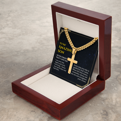 To my Amazing Son, Guided by God's Plan, Custom Engraved Cross Pendant with Cuban Link Chain Necklace