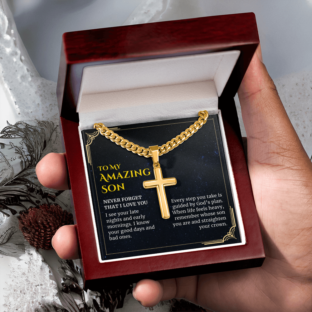 To my Amazing Son, Guided by God's Plan, Custom Engraved Cross Pendant with Cuban Link Chain Necklace