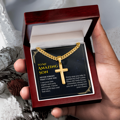 To my Amazing Son, Guided by God's Plan, Custom Engraved Cross Pendant with Cuban Link Chain Necklace