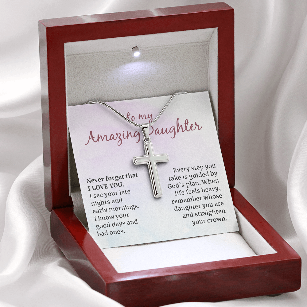 To my Amazing Daughter, Guided by God's Plan, Cross Necklace with Snake Chain