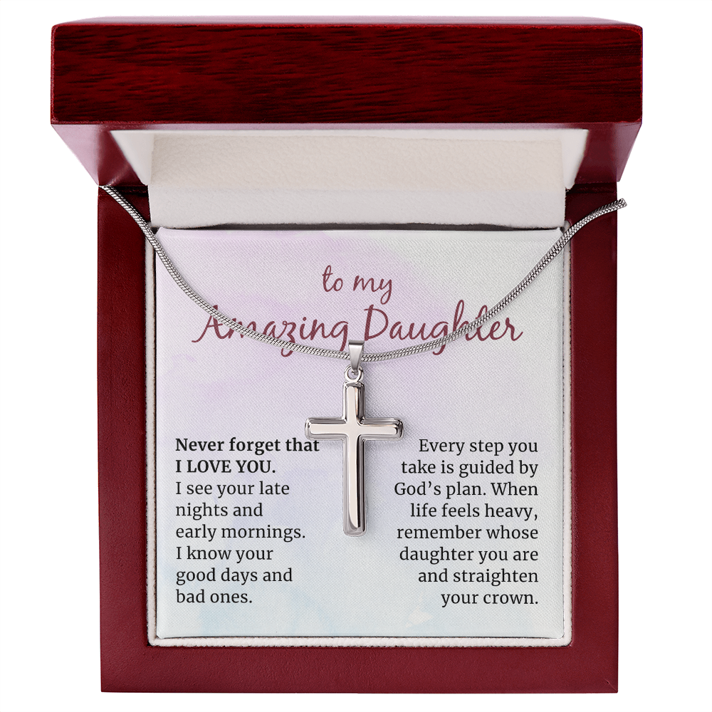 To my Amazing Daughter, Guided by God's Plan, Cross Necklace with Snake Chain