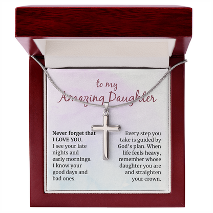 To my Amazing Daughter, Guided by God's Plan, Cross Necklace with Snake Chain