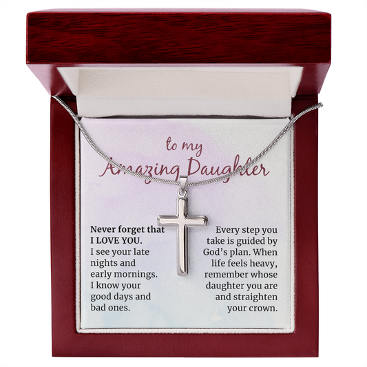 To my Amazing Daughter, Guided by God's Plan, Cross Necklace with Snake Chain