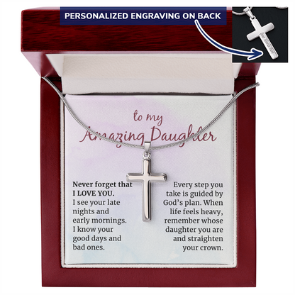 To my Amazing Daughter, Guided by God's Plan, Custom Engraved Cross Necklace with Snake Chain
