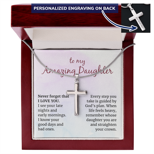 To my Amazing Daughter, Guided by God's Plan, Custom Engraved Cross Necklace with Snake Chain