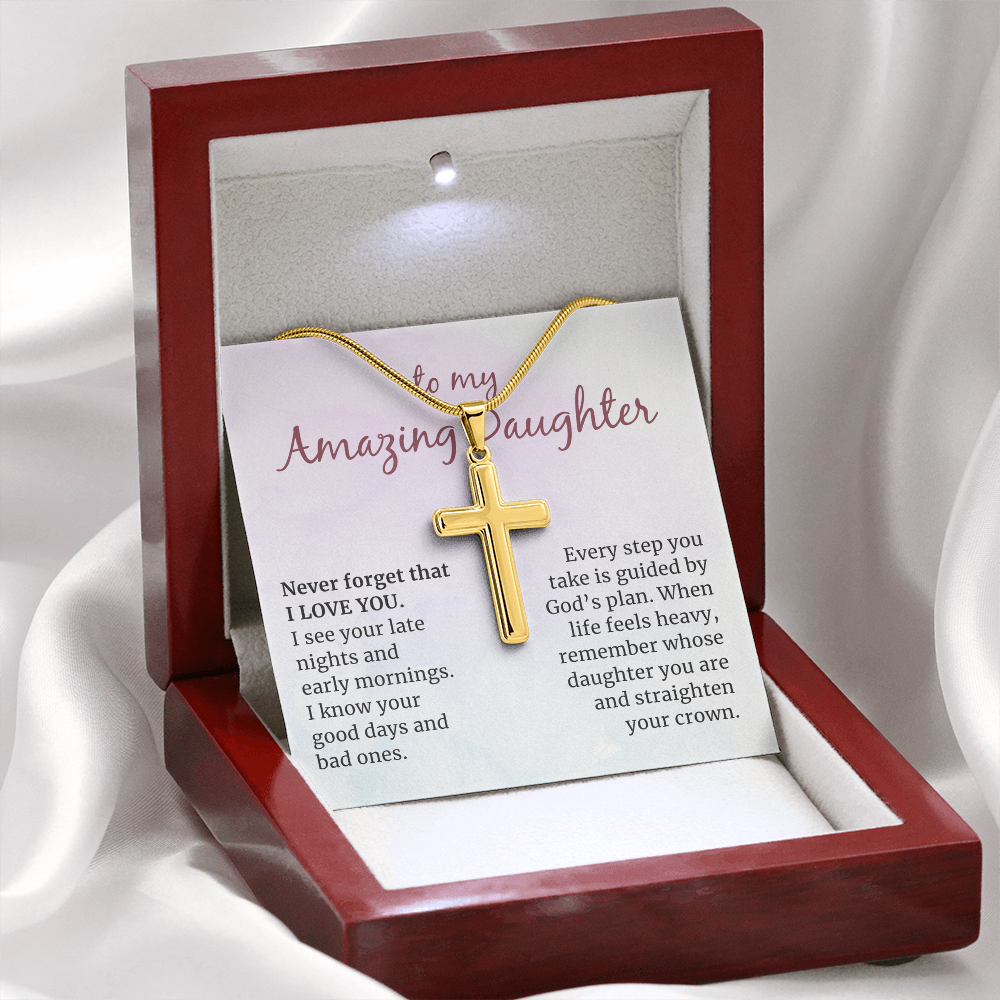 To my Amazing Daughter, Guided by God's Plan, Custom Engraved Cross Necklace with Snake Chain