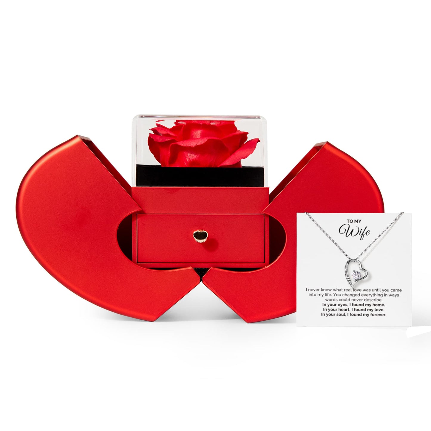 To My Wife Gift, I Found My Forever Love Necklace with Red Heart Rose Box