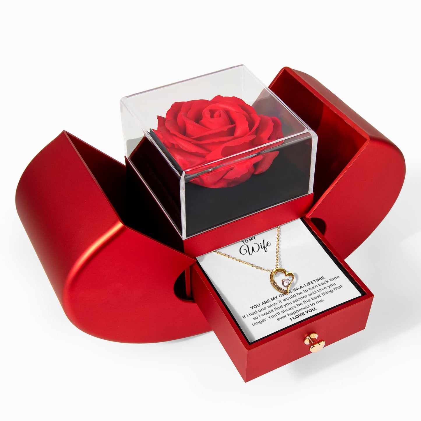 To My Wife Gift, Once in a Lifetime, Forever Love Necklace with Red Heart Rose Box