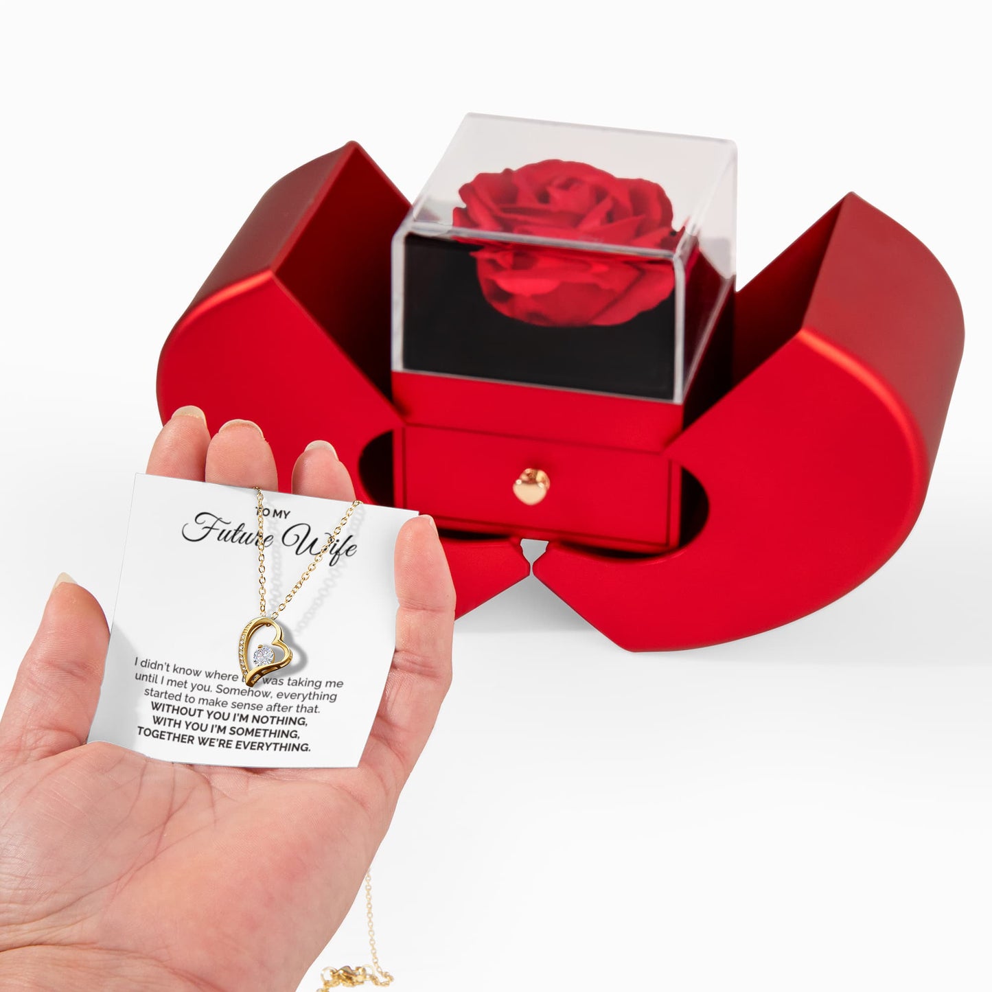 To My Future Wife Gift, For Fiancee Forever Love Necklace with Red Heart Rose Box