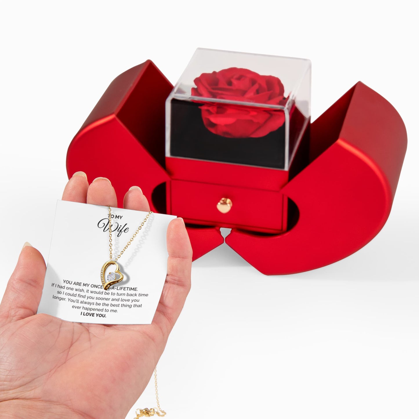 To My Wife Gift, Once in a Lifetime, Forever Love Necklace with Red Heart Rose Box