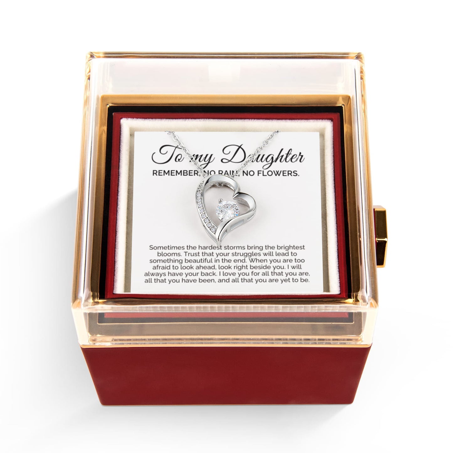 To My Daughter Gift, No Rain No Flowers, Forever Love Necklace with Rotating Rose Box