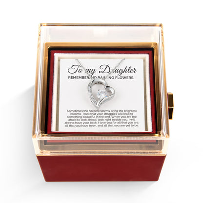 To My Daughter Gift, No Rain No Flowers, Forever Love Necklace with Rotating Rose Box