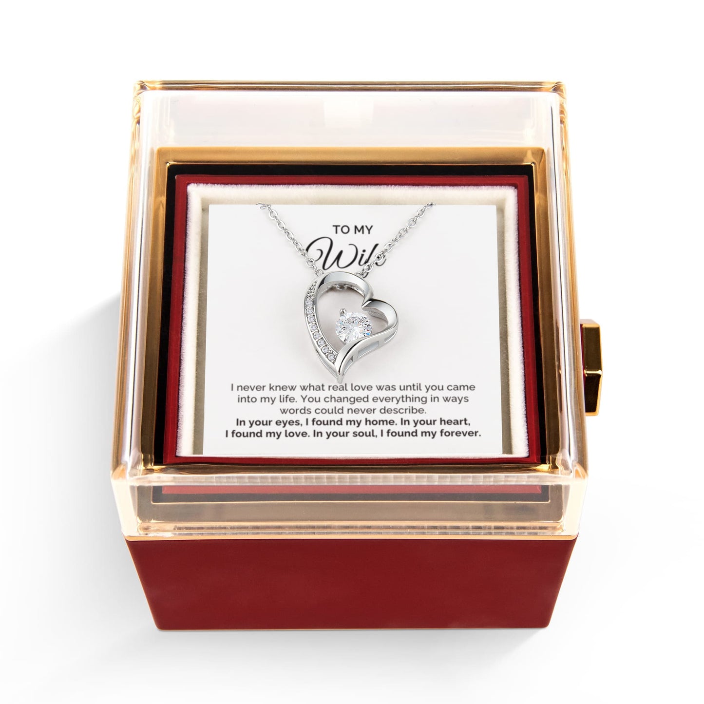To My Wife Gift, I Found My Forever, Forever Love Necklace with Rotating Rose Box