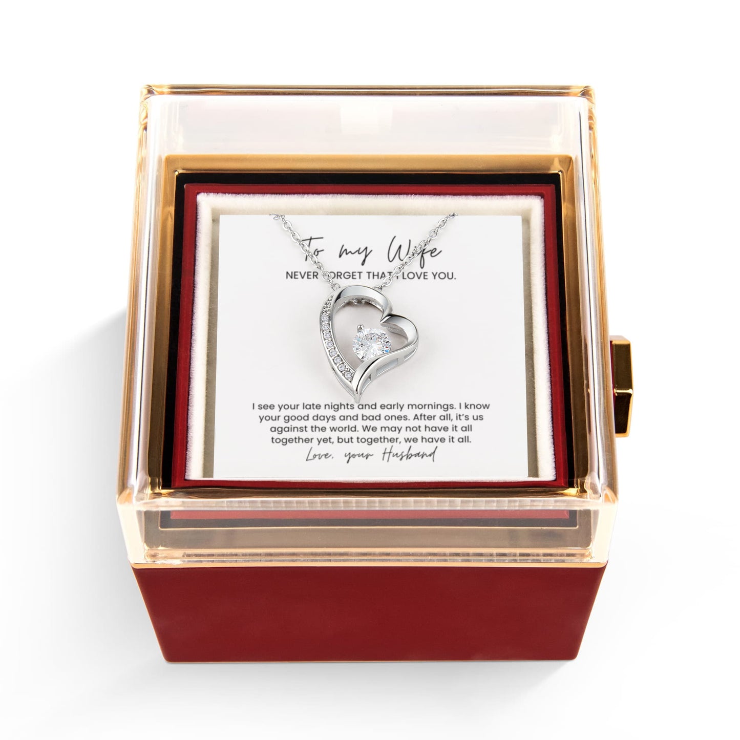 Us Against the World, Husband to Wife Forever Love Necklace with Rotating Rose Box