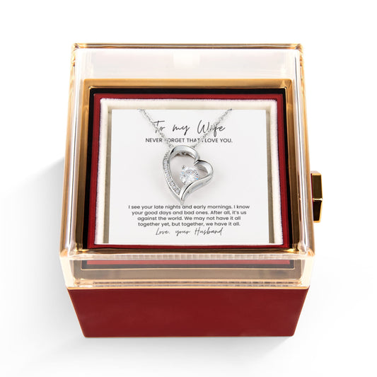 Us Against the World, Husband to Wife Forever Love Necklace with Rotating Rose Box