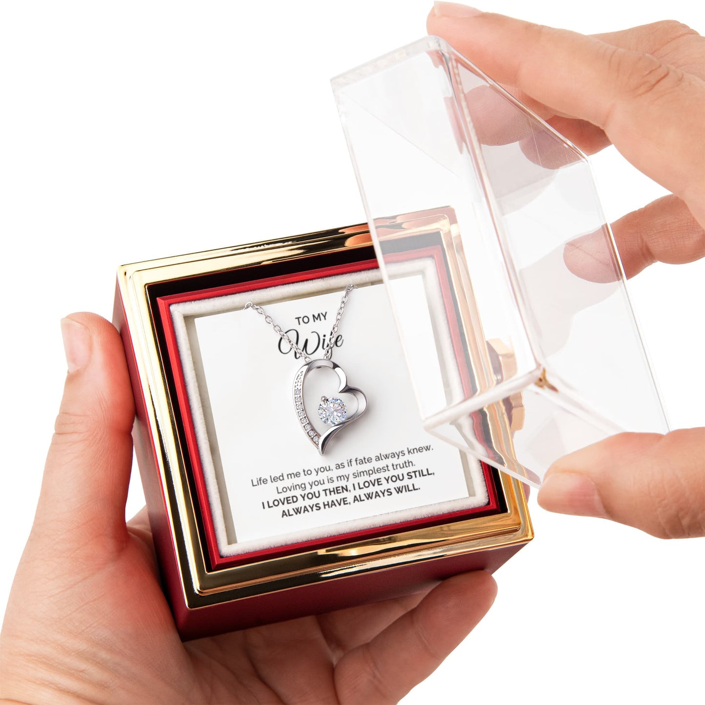 To My Wife Gift, Life Led Me to You, Forever Love Necklace with Rotating Rose Box