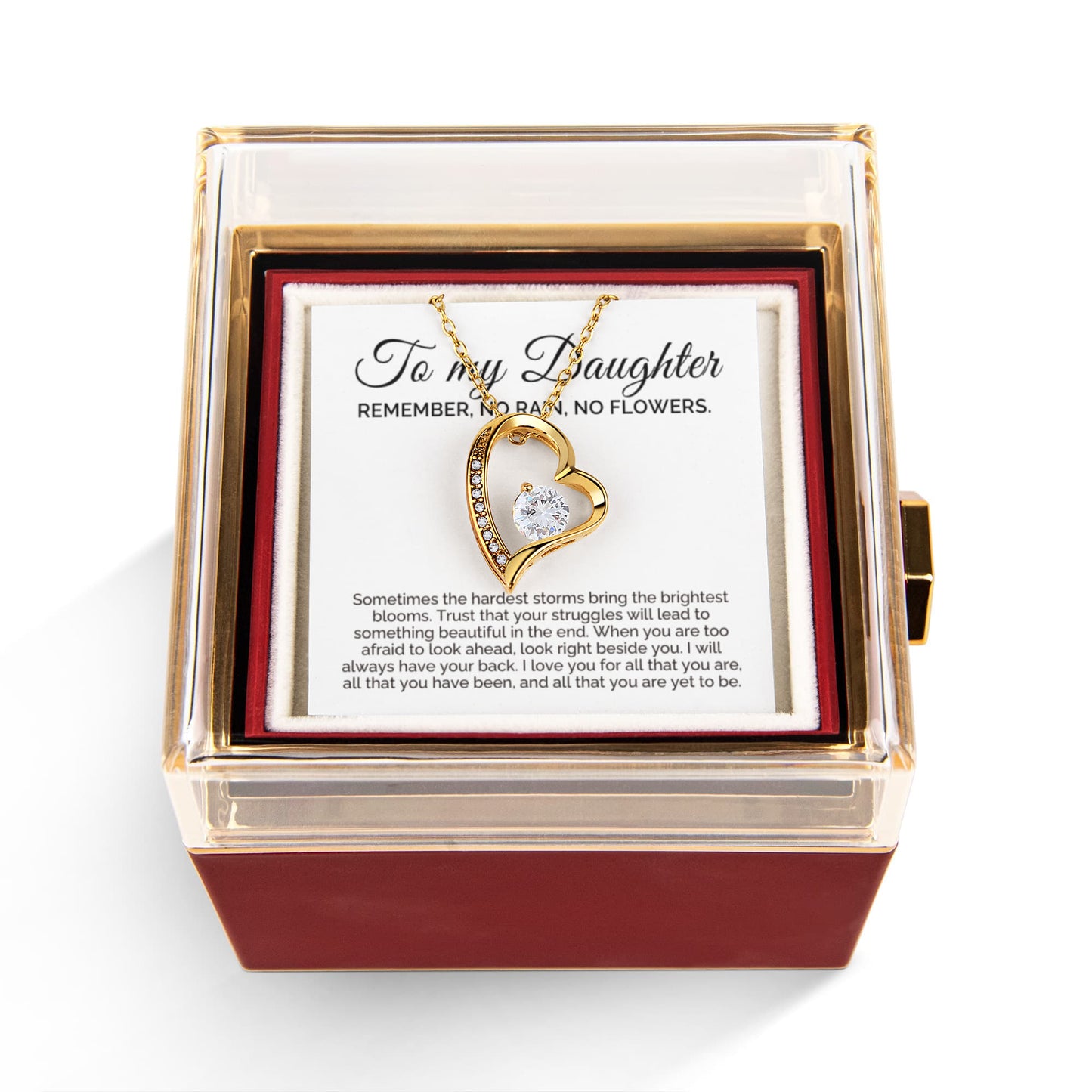 To My Daughter Gift, No Rain No Flowers, Forever Love Necklace with Rotating Rose Box
