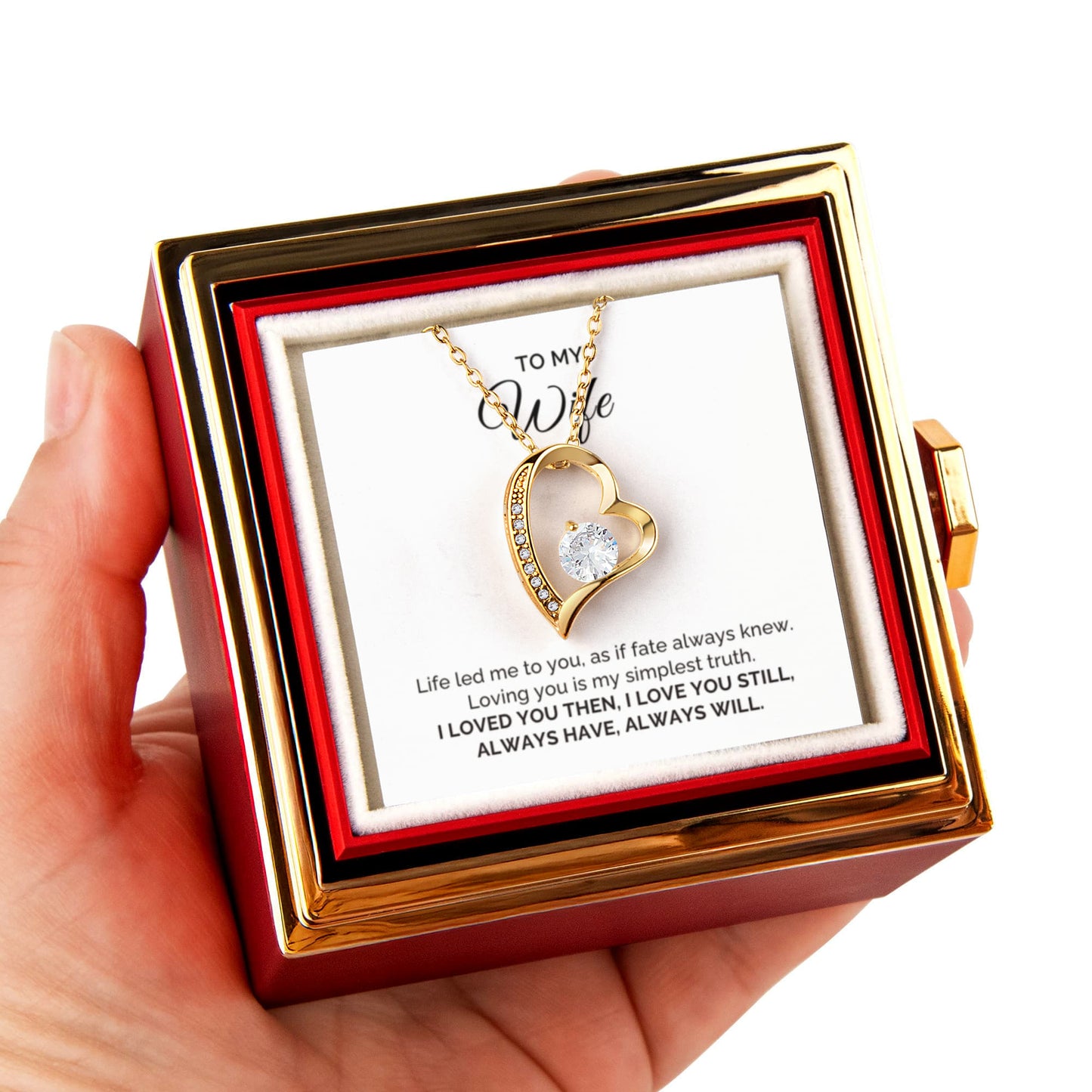 To My Wife Gift, Life Led Me to You, Forever Love Necklace with Rotating Rose Box