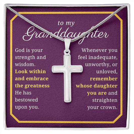 Gift For Granddaughter, Confirmation or Baptism Strength and Wisdom Stainless Steel Cross Necklace