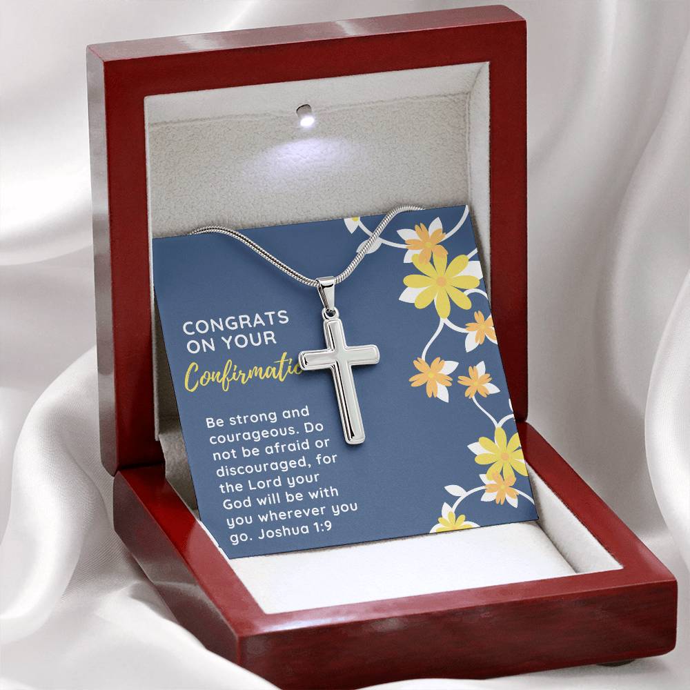 Confirmation Gift for Her, May Be Strong and Courageous Stainless Steel Cross Necklace