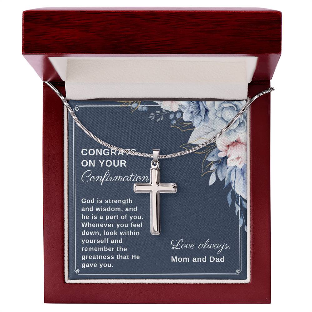 Confirmation Gift For Daughter From Mom and Dad, God is Strength and Wisdom Stainless Steel Cross Necklace